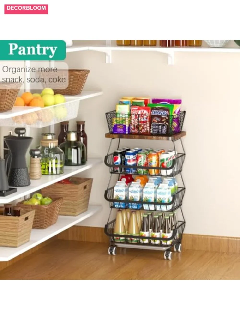 4-Tier Stackable Wire Fruit Basket Organizer with Wooden Lid on Wheels